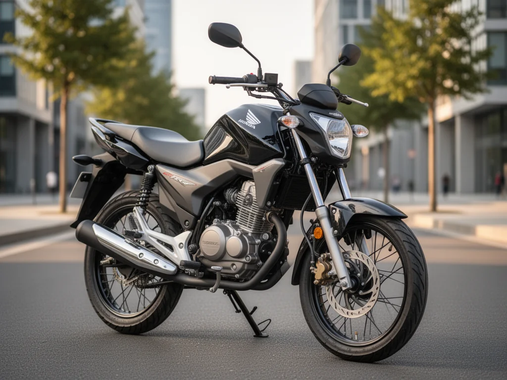 Honda CB125R na czystym asfalcie w nowoczesnym mieście, podkreślone zbiornik, silnik i wydech, sugeruje dynamikę i oszczędność