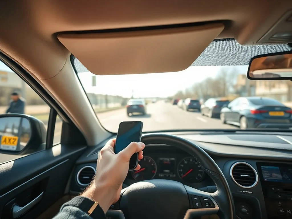 Kierowca trzyma telefon przy kierownicy podczas jazdy, na drodze widać inne samochody w lekkim rozmyciu.