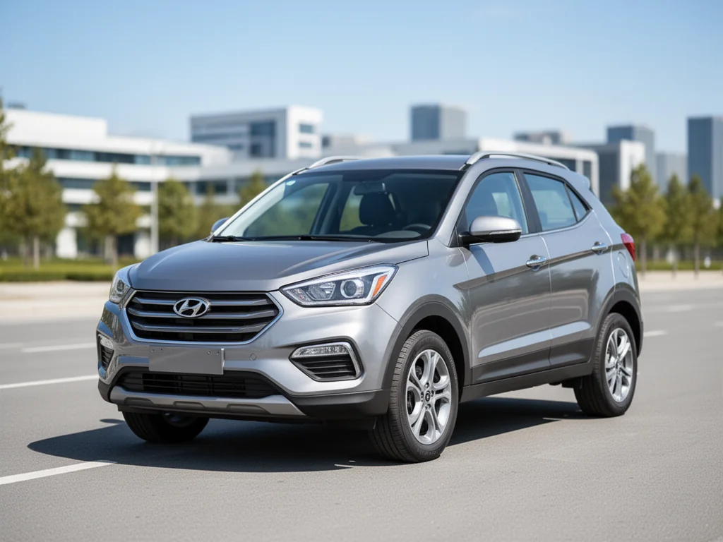 Hyundai Tucson IV srebrny SUV z przodu, zaparkowany na szerokiej drodze, podkreślający design reflektorów, grilla i nadwozia