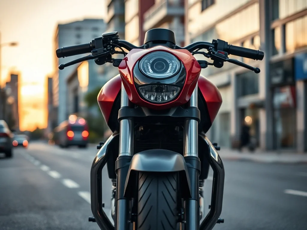 Honda CB650R z przodu na miejskiej ulicy, podkreślone reflektor LED i zbiornik paliwa w metalicznej czerwieni i czerni