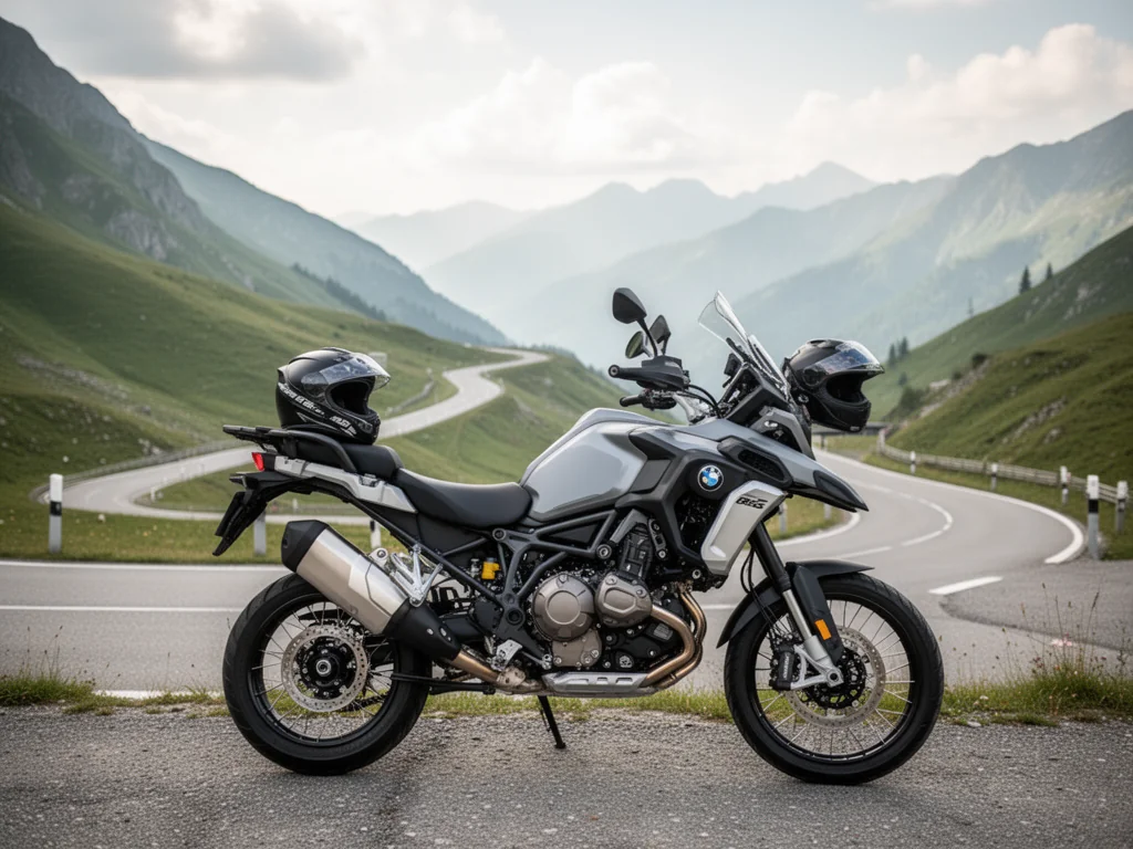 Honda XL750 Transalp zaparkowana przy górskiej drodze, w tle wijąca się szosa i zielone zbocza Alp