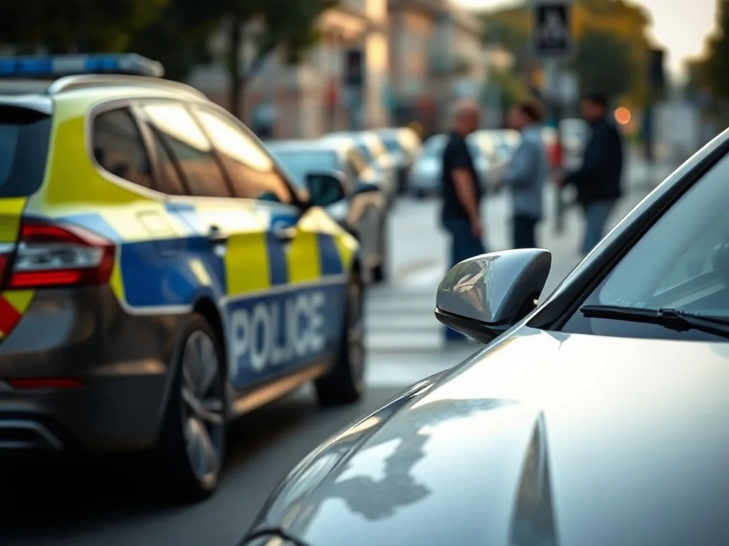 Kierowcy spokojnie omawiają drobną stłuczkę przy udziale policji; lekkie zarysowanie zderzaka, brak poważnych szkód.