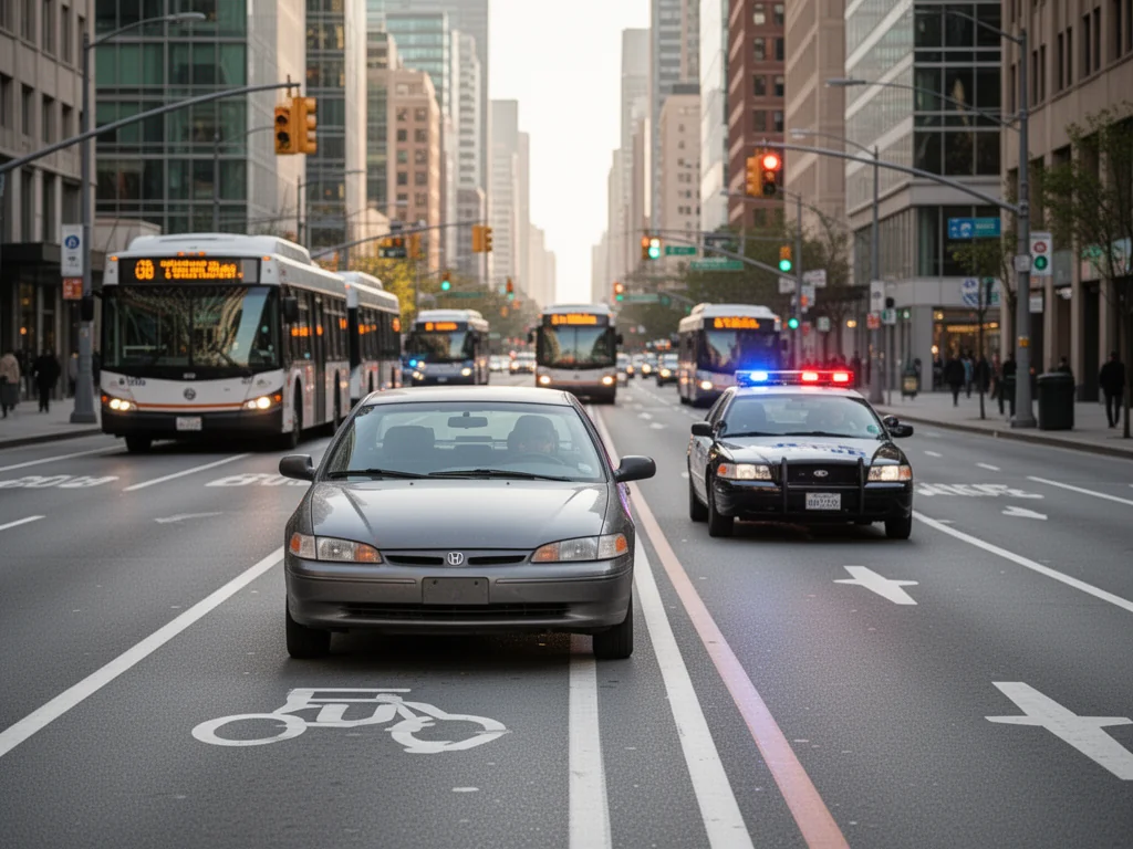 Samochód osobowy zatrzymany na buspasie przez policję, w tle autobusy prawidłowo korzystające z wydzielonego pasa.