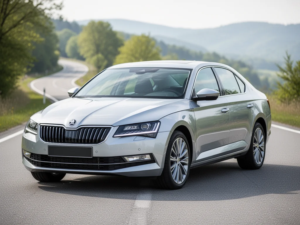Srebrna Skoda Octavia IV na drodze, widok z przodu pod kątem, podkreślający wygląd i charakter rodzinnego sedana.