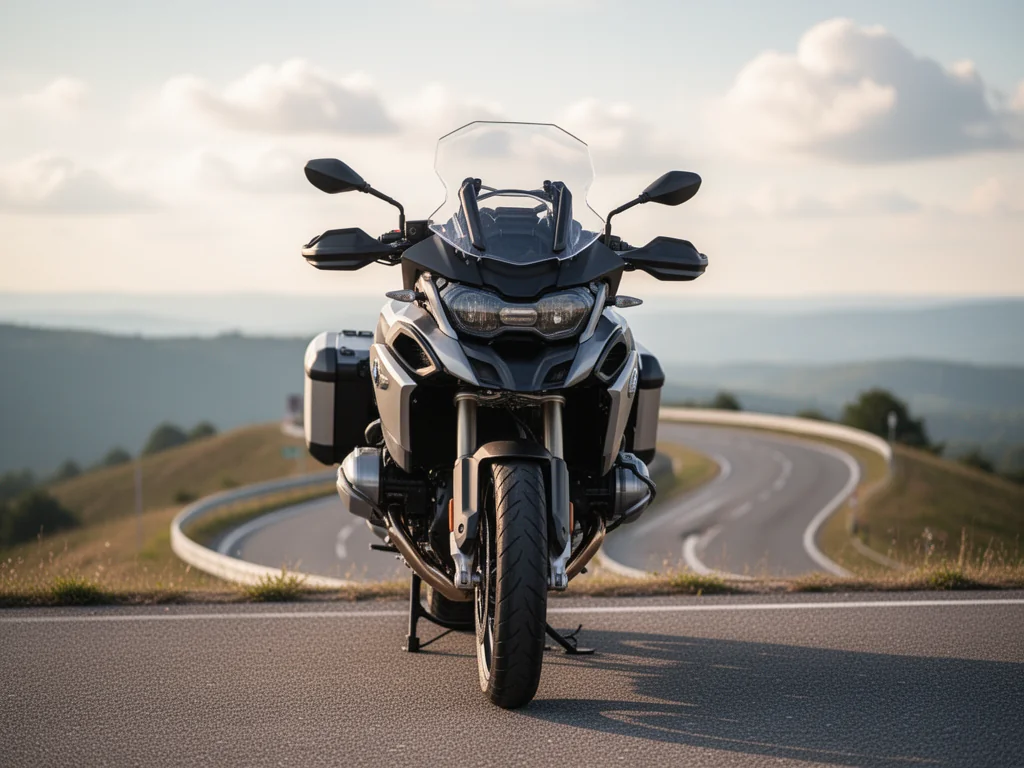 Honda NT1100 na punkcie widokowym, na tle krętej drogi i wzgórz, podkreślająca turystyczny charakter motocykla