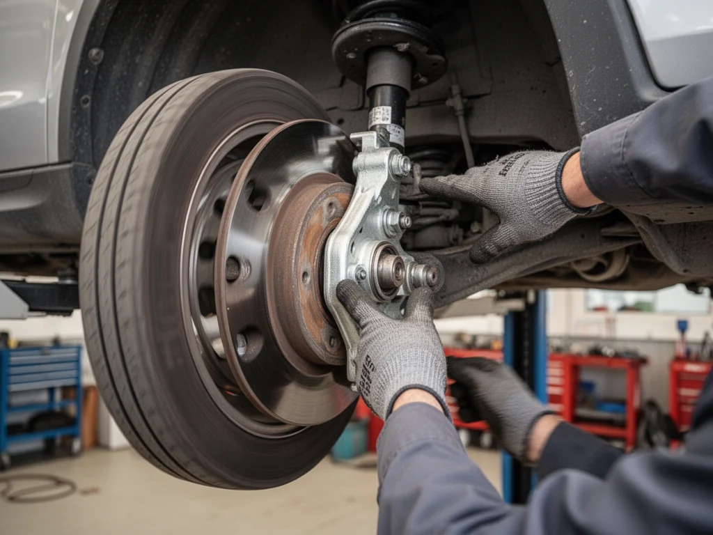 Mechanik w rękawicach sprawdza końcówkę drążka kierowniczego przy przednim kole auta w warsztacie samochodowym