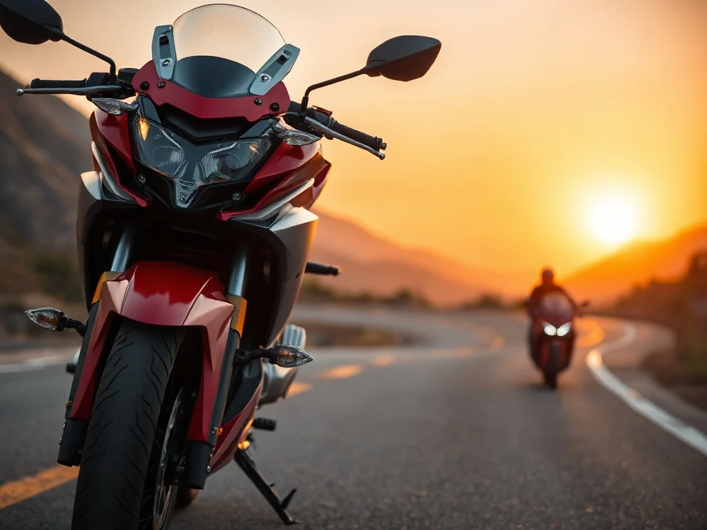 Czerwony Honda CBR650R na pustej górskiej drodze o zachodzie słońca, podkreślone silnik, owiewki i sportowy charakter.