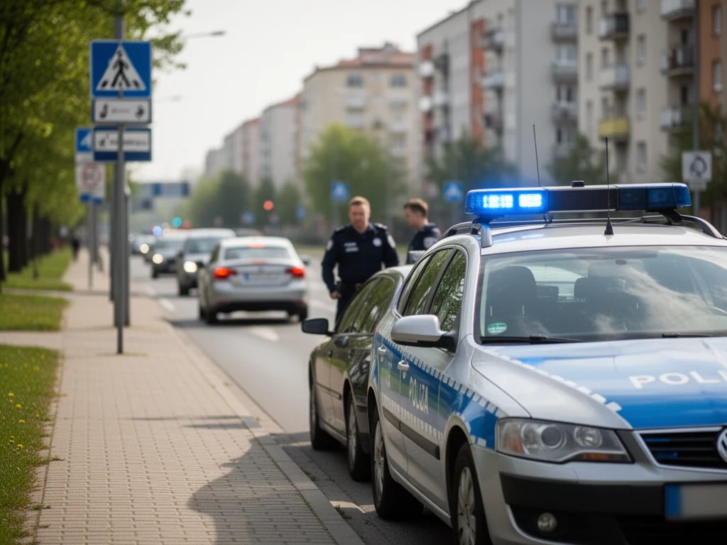 Polski radiowóz przy drodze, kierowca rozmawia z policjantem; kontrola drogowa w spokojnych miejskich warunkach.