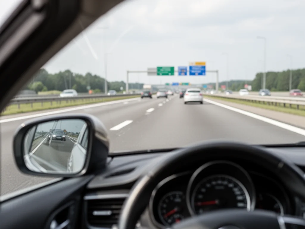 Widok z auta na polską autostradę, jazda prawidłowym pasem, podkreślenie bezpiecznej i zgodnej z przepisami jazdy