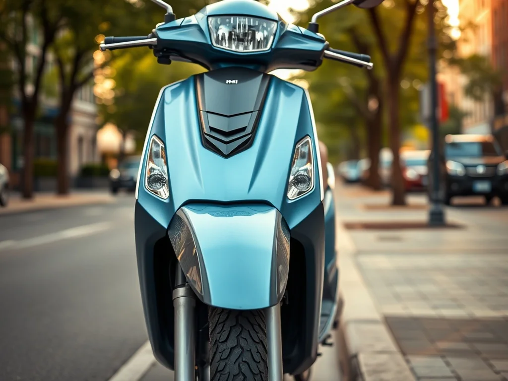 Honda Forza 125 zaparkowany w mieście, ujęcie z przodu pod kątem, podkreślające reflektor, koło i kierownicę