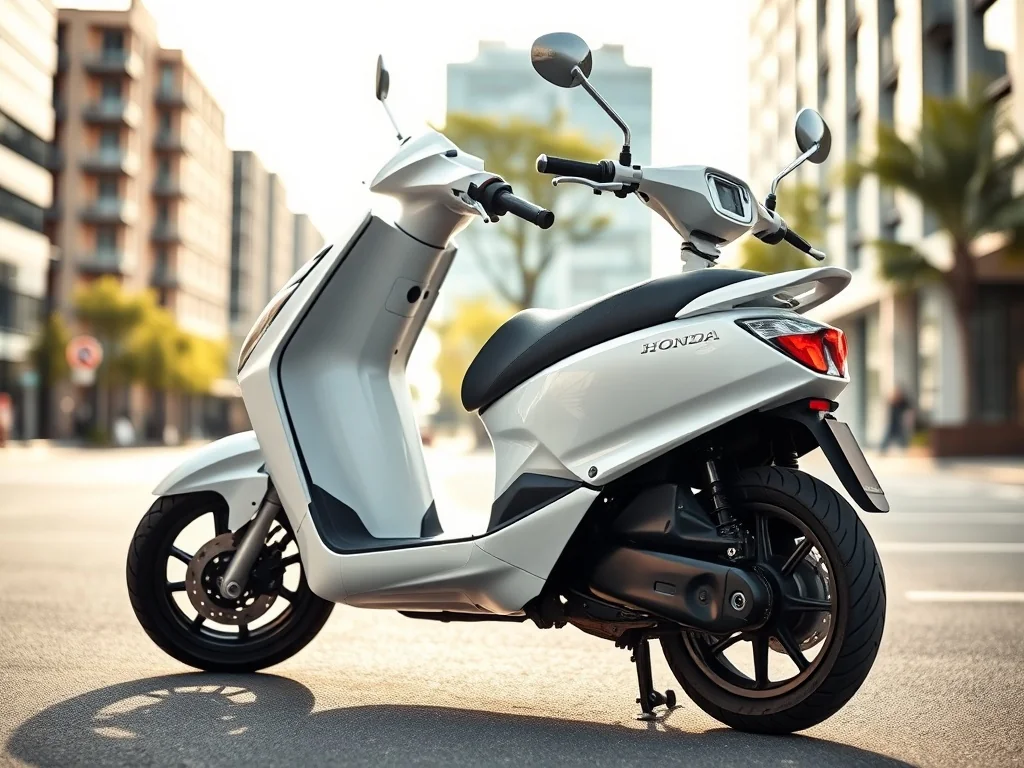 Biały skuter Honda PCX 125 stoi na miejskiej ulicy w słoneczny dzień, podkreślając nowoczesny design i charakter codziennego dojazdu.