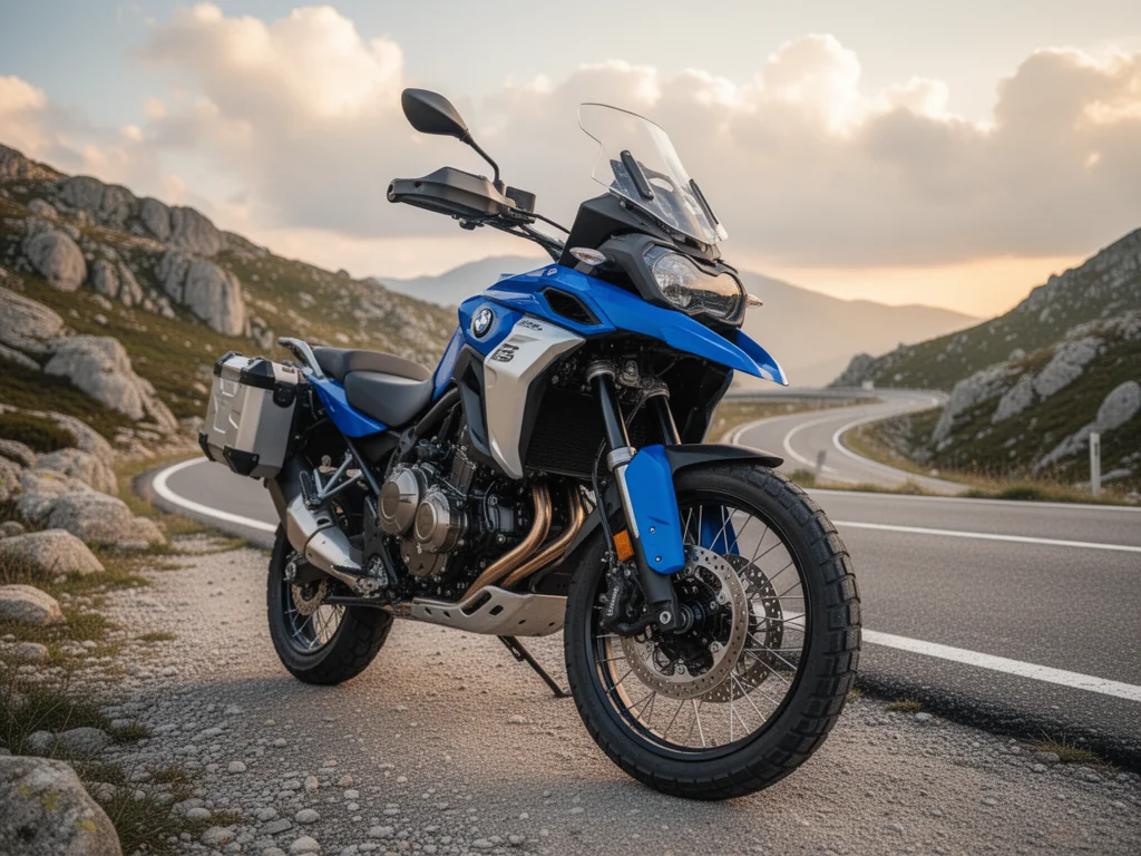 Yamaha Tenere 700 w niebieskim kolorze zaparkowana przy górskiej drodze, podkreślająca turystyczny charakter motocykla.