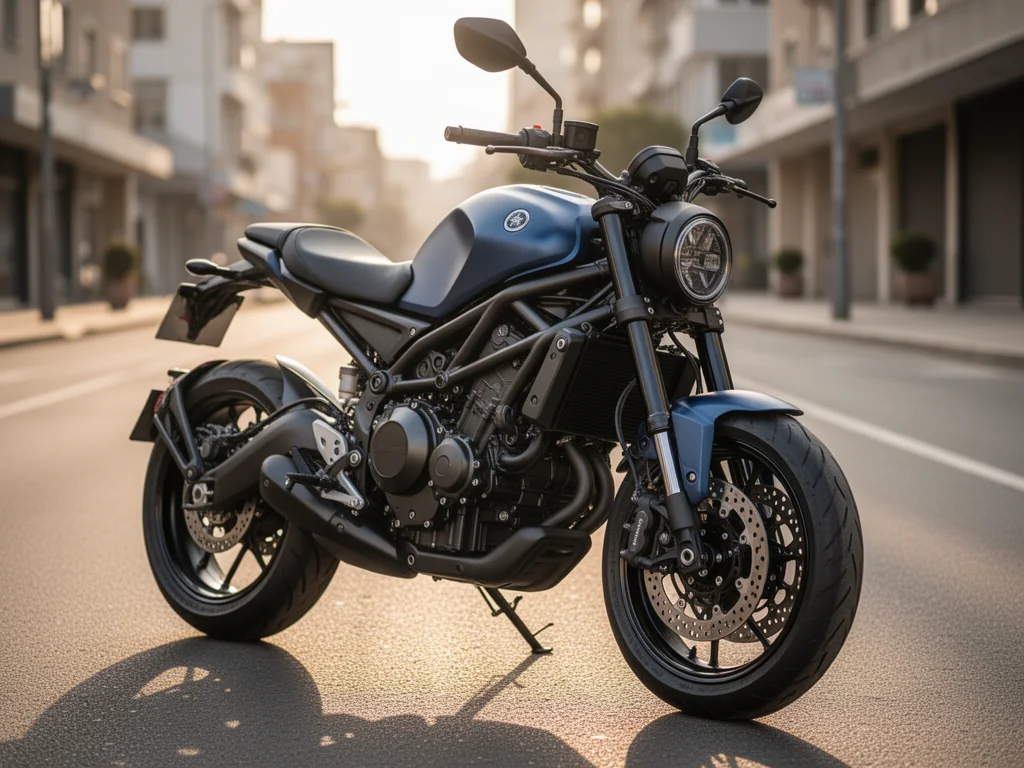 Yamaha MT-07 w matowym granacie na czystej drodze, podkreślone kompaktowe wymiary, silnik i miejski charakter motocykla