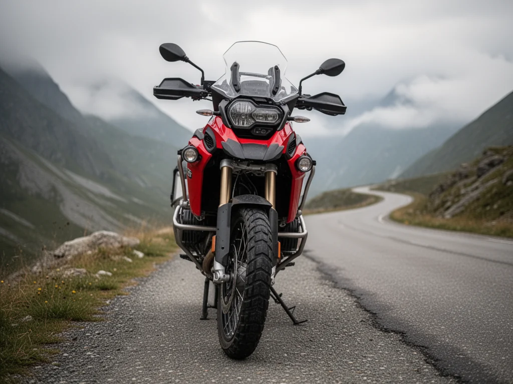 Czerwony Honda Africa Twin na górskiej drodze, podkreślony przód motocykla, w tle kręta szosa we mgle.
