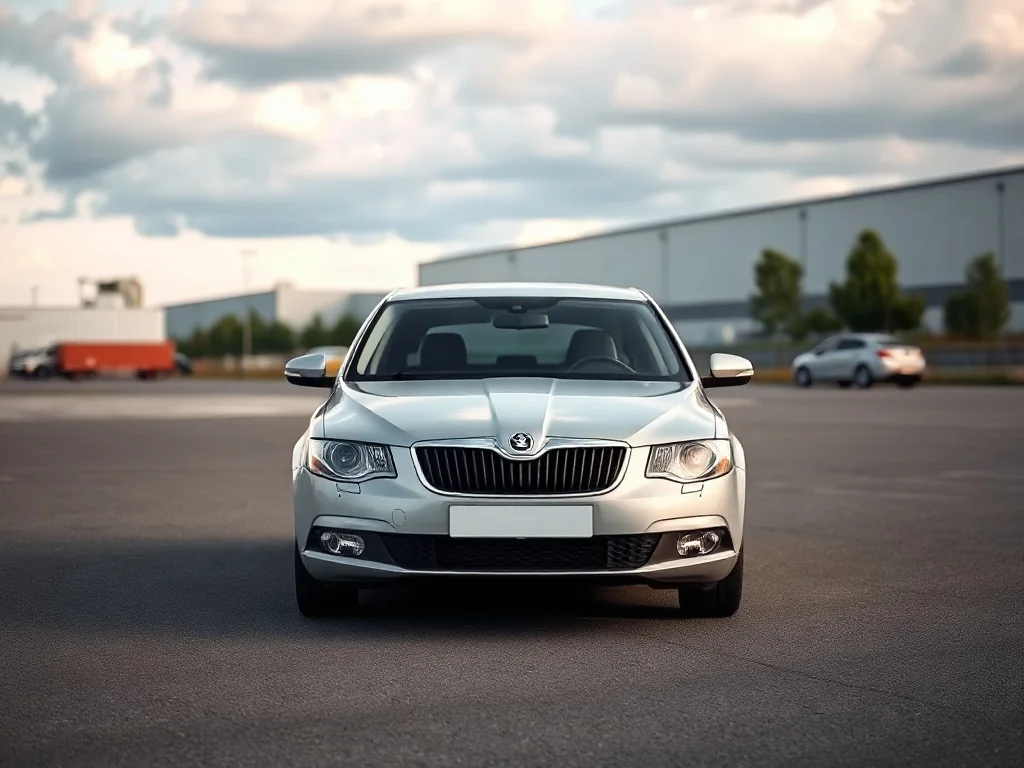 Srebrna Skoda Octavia I generacji na pustym parkingu, ukazująca przód auta i jego bryłę w naturalnym świetle dziennym.