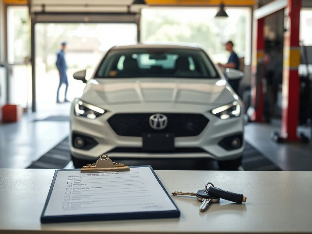 Samochód na stacji kontroli pojazdów, na pierwszym planie klucz i lista przeglądu, w tle mechanik i sprzęt diagnostyczny.
