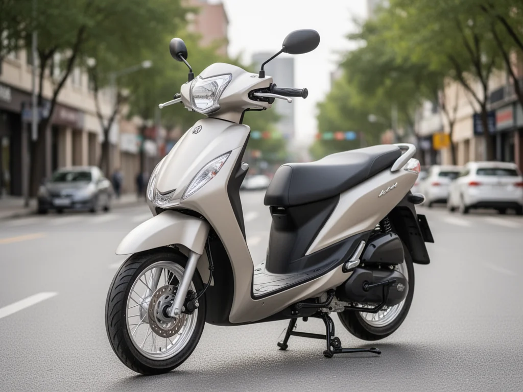 Skuter Yamaha NMAX 125 zaparkowany na miejskiej ulicy, ukazany z przodu i boku, podkreśla nowoczesny design modelu.