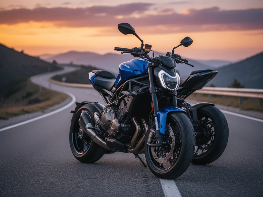 Yamaha MT-09 w metalicznym niebiesko-czarnym malowaniu, zaparkowana na pustej górskiej drodze o zachodzie słońca.