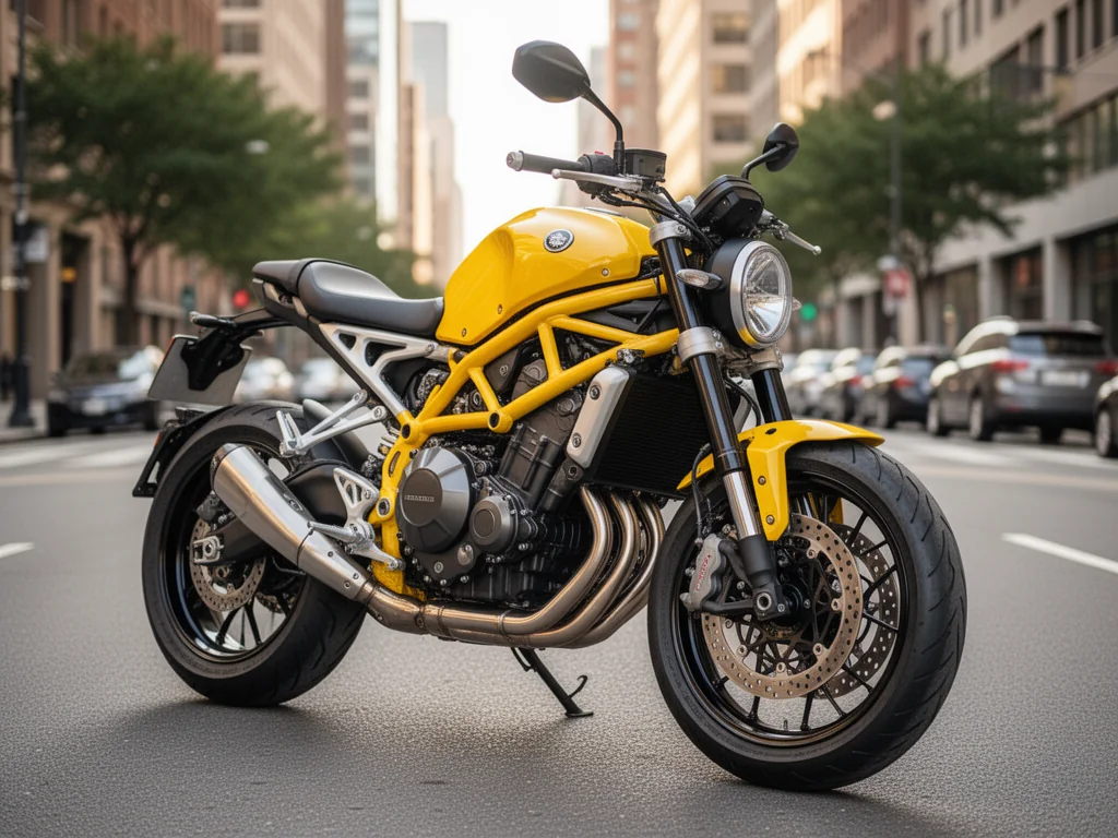 Żółta Honda CB750 Hornet zaparkowana na miejskiej ulicy, ukazana z boku z detalami silnika i ramy, w codziennej scenerii.