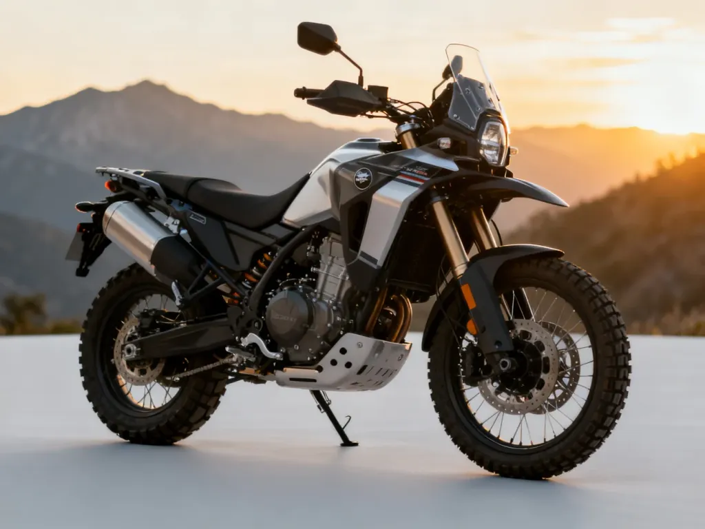 Suzuki V-Strom 650 zaparkowane na tle górskiego krajobrazu o zachodzie słońca, podkreślające turystyczny charakter motocykla.