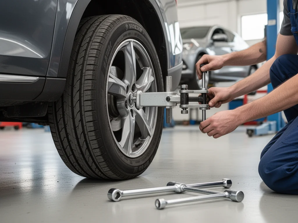Mechanik reguluje geometrię przedniego koła auta w warsztacie, widoczne urządzenie do ustawiania zbieżności kół