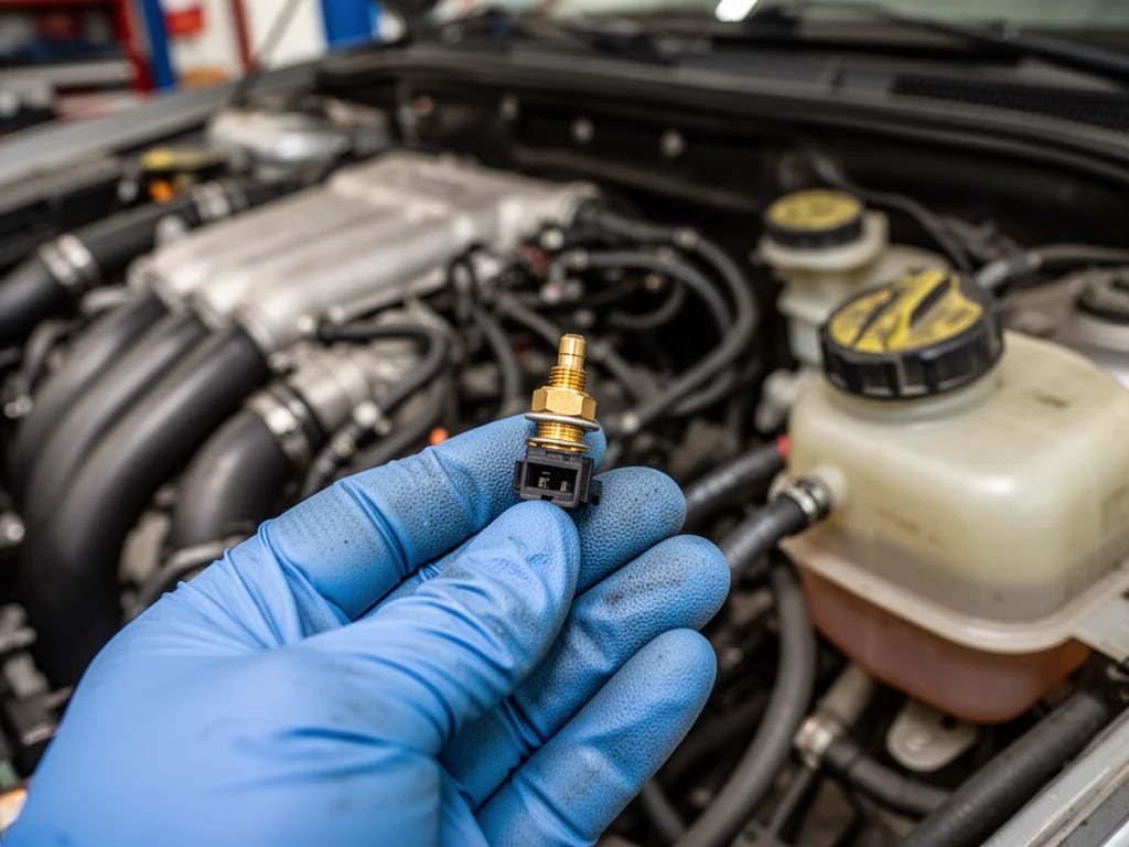 Mechanik w rękawicy trzyma czujnik temperatury płynu chłodzącego w komorze silnika, przygotowanie do wymiany czujnika