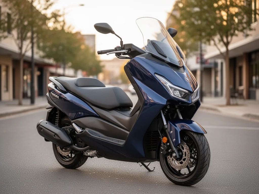 Nowoczesny skuter Yamaha XMAX 125 w ciemnoniebieskim kolorze zaparkowany na ulicy, podkreślający miejski charakter modelu.