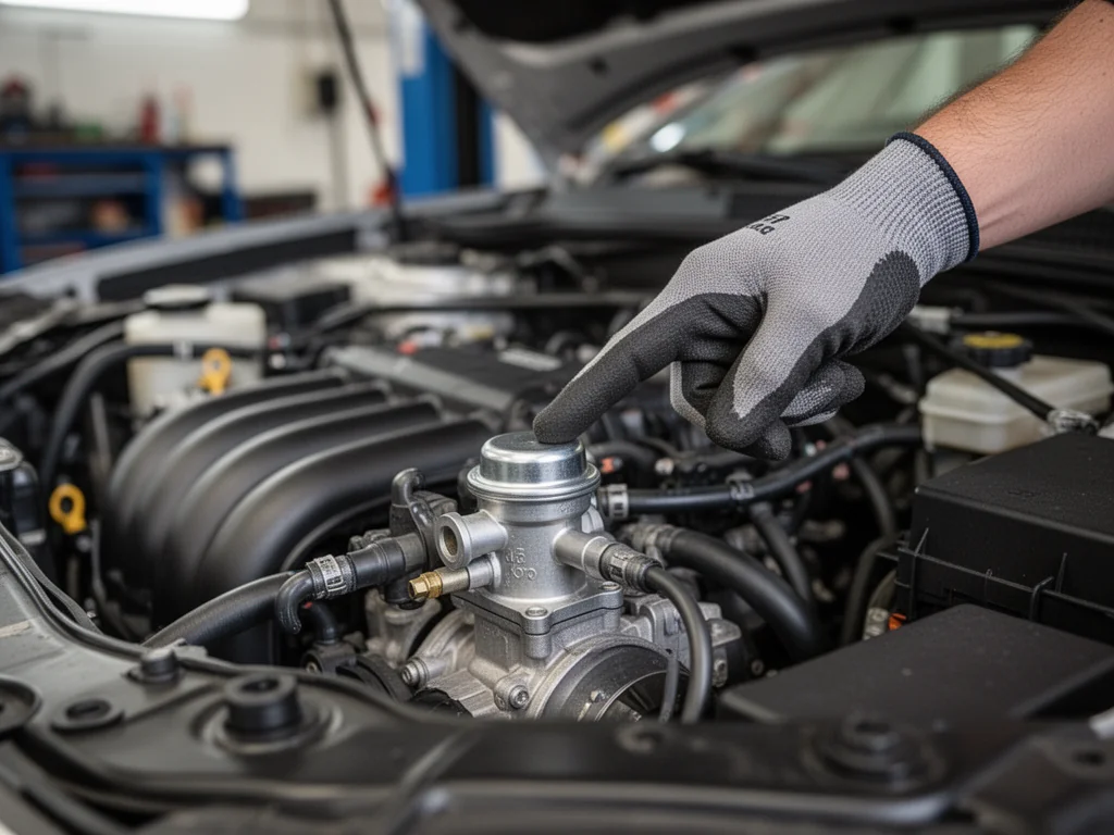 Mechanik w rękawiczce wskazuje zawór EGR w czystej komorze silnika, ilustrując jego położenie i działanie