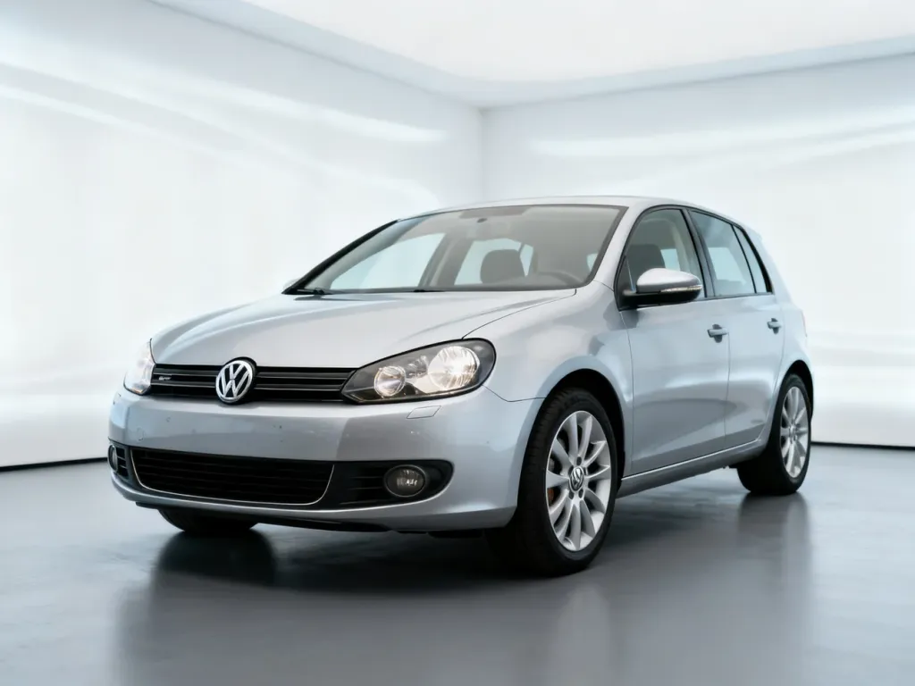 Srebrny Volkswagen Golf V zaparkowany w profesjonalnym studiu, ukazujący przednią część nadwozia.