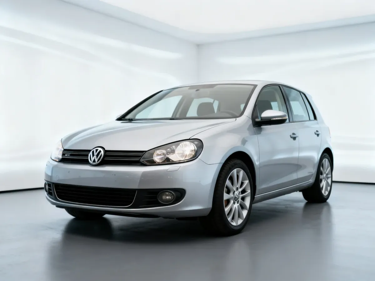 Srebrny Volkswagen Golf V zaparkowany w profesjonalnym studiu, ukazujący przednią część nadwozia.