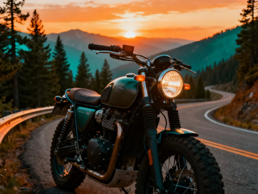 Nowoczesny motocykl typu scrambler zaparkowany na górskiej drodze podczas zachodu słońca.