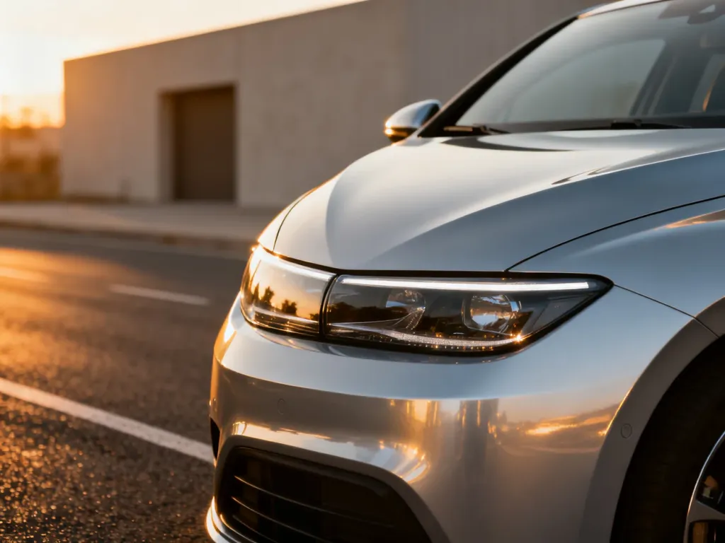 Srebrny Volkswagen Golf 7 zaparkowany na nowoczesnej drodze w świetle zachodzącego słońca. Prezentacja designu nadwozia.