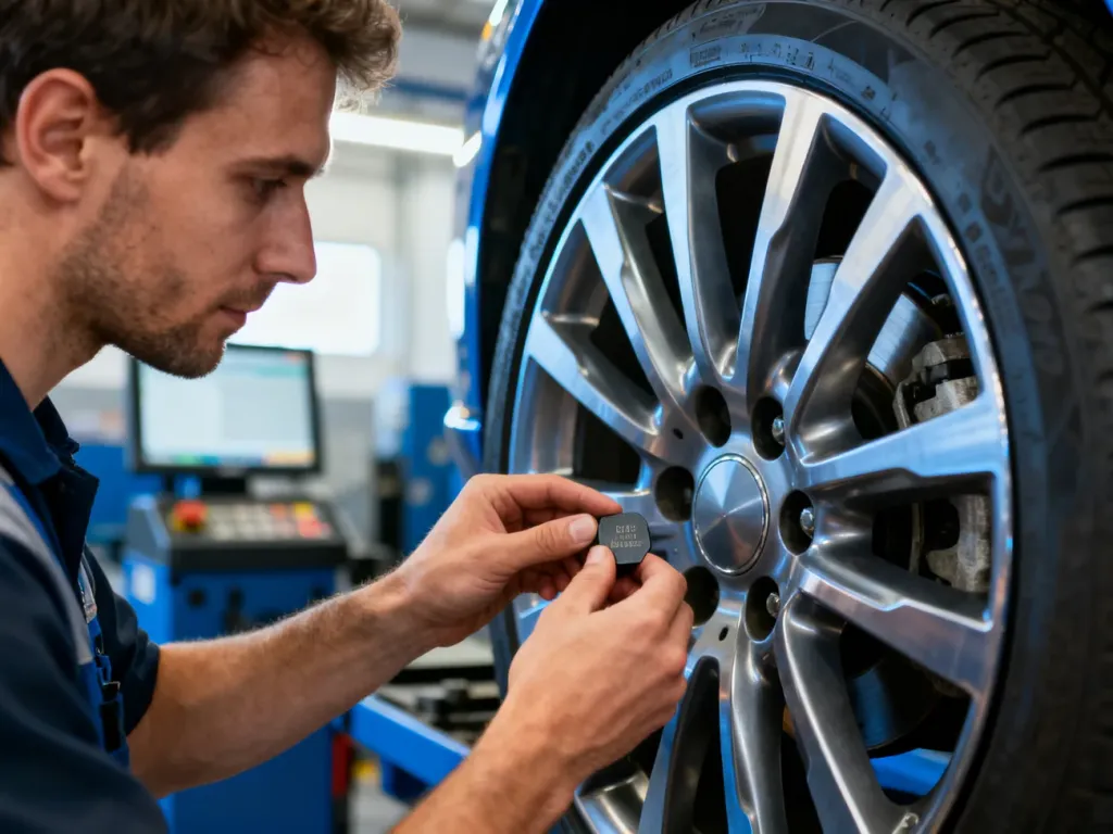 Mechanik precyzyjnie montuje ciężarek wyważający na feldze samochodowej w profesjonalnym warsztacie.