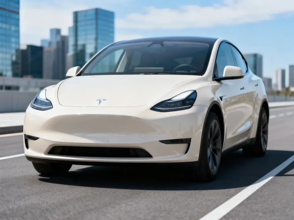 Tesla Model Y w białym kolorze na nowoczesnej drodze, na tle rozmytej miejskiej panoramy i jasnego nieba