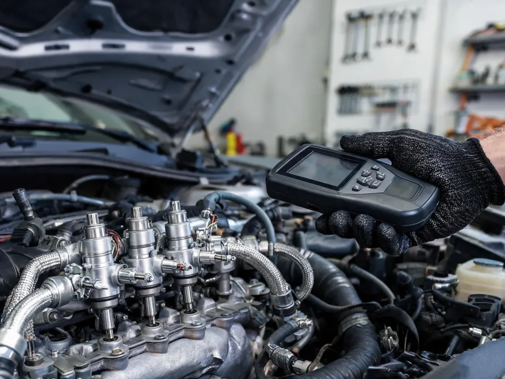 Mechanik w rękawicach diagnozuje nowoczesny układ wtryskowy silnika za pomocą skanera w otwartej komorze silnika