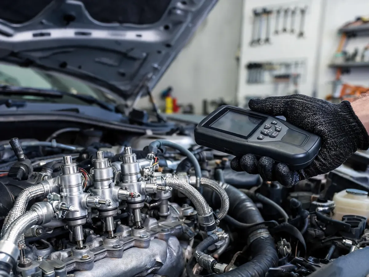 Mechanik w rękawicach diagnozuje nowoczesny układ wtryskowy silnika za pomocą skanera w otwartej komorze silnika