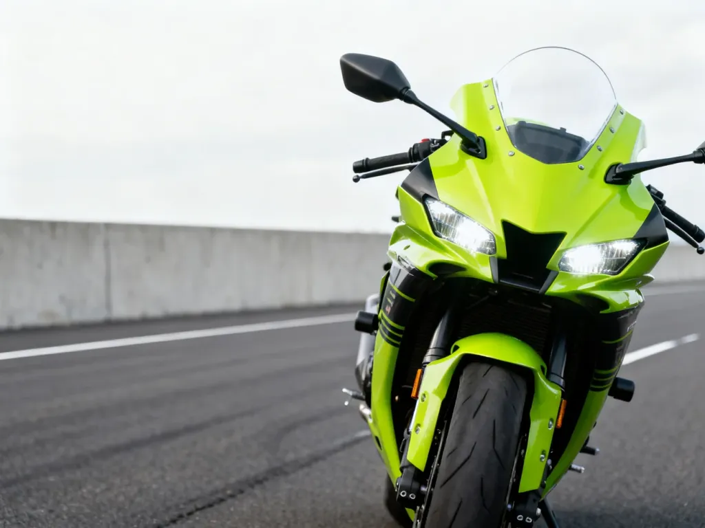 Jaskrawozielony motocykl Kawasaki Ninja 650 zaparkowany na torze asfaltowym, ukazujący nowoczesny design i ostre linie nadwozia.