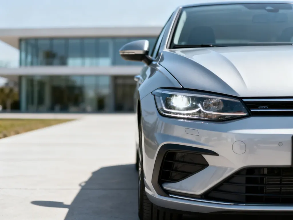 Srebrny Volkswagen Golf 8 zaparkowany na nowoczesnym podjeździe, prezentujący detale przedniego reflektora i zderzaka.