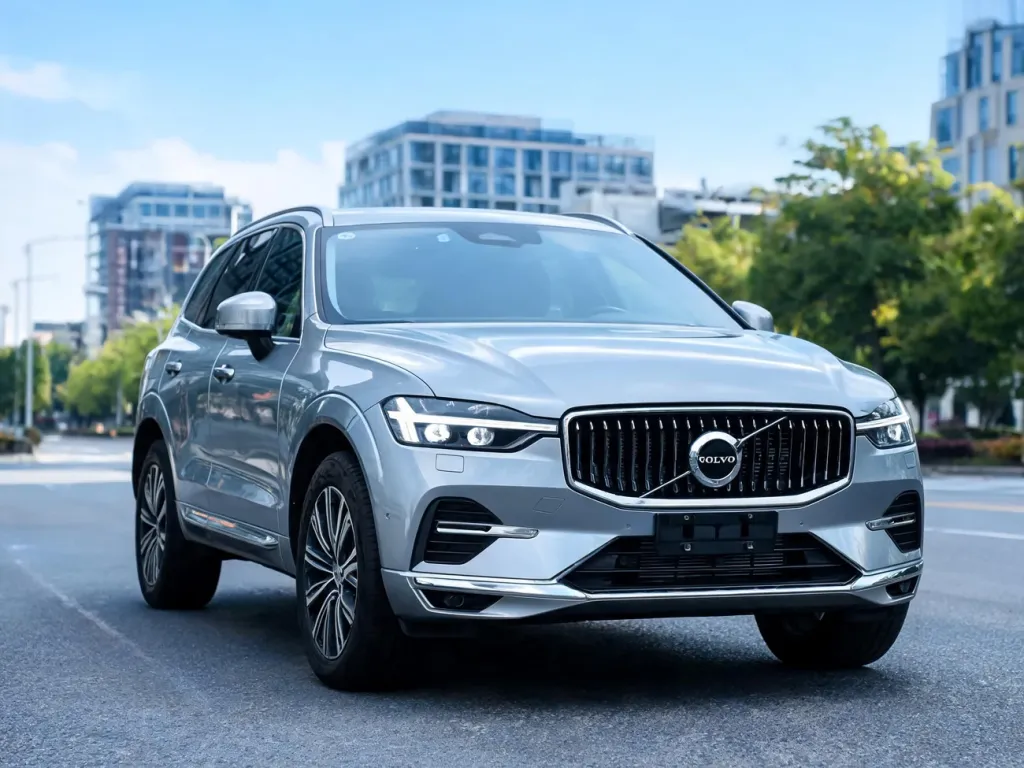 Srebrne Volvo XC60 II z włączonymi LED-ami zaparkowane na miejskiej ulicy, ukazane z przodu pod kątem trzy czwarte.