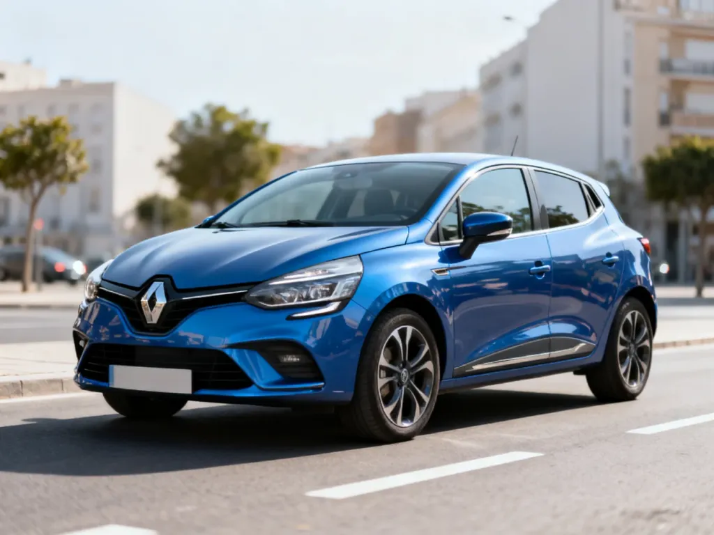 Niebieskie Renault Clio V na miejskiej ulicy, widok z przodu pod kątem, podkreślający sylwetkę i detale nadwozia.