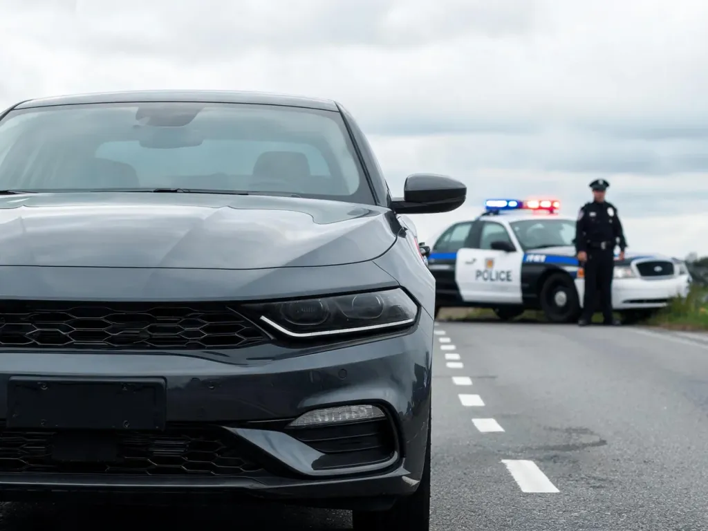Samochód jedzie bez włączonych świateł w dzień, w tle stoi radiowóz z policjantem, sugerując możliwość mandatu.