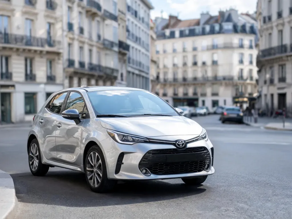 Srebrna Toyota Yaris III stoi na miejskiej ulicy, ukazując przód auta i kompaktowe nadwozie w naturalnym świetle dziennym.