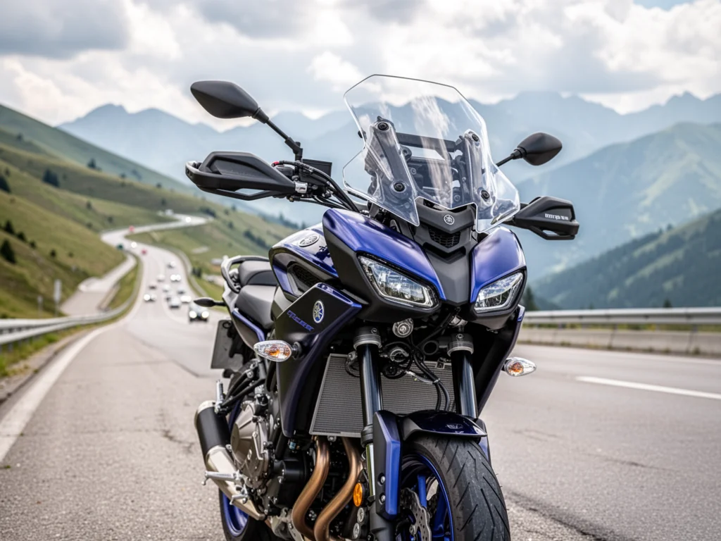 Yamaha Tracer 7 na górskiej drodze, zbliżenie na przód motocykla, podkreślenie detali i turystycznego charakteru maszyny