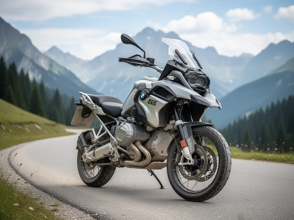 BMW F 900 GS na górskiej, krętej drodze, podkreślone opony i zawieszenie, w tle alpejskie szczyty i las.