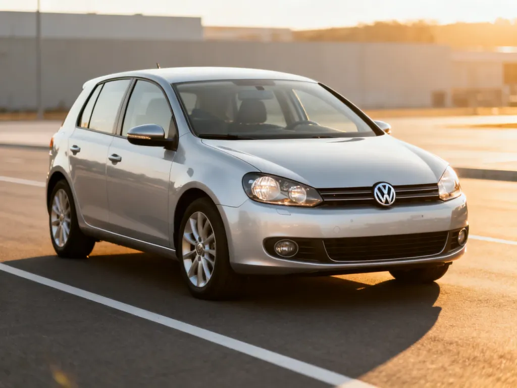 Srebrny Volkswagen Golf 6 zaparkowany na nowoczesnej drodze w świetle zachodzącego słońca.