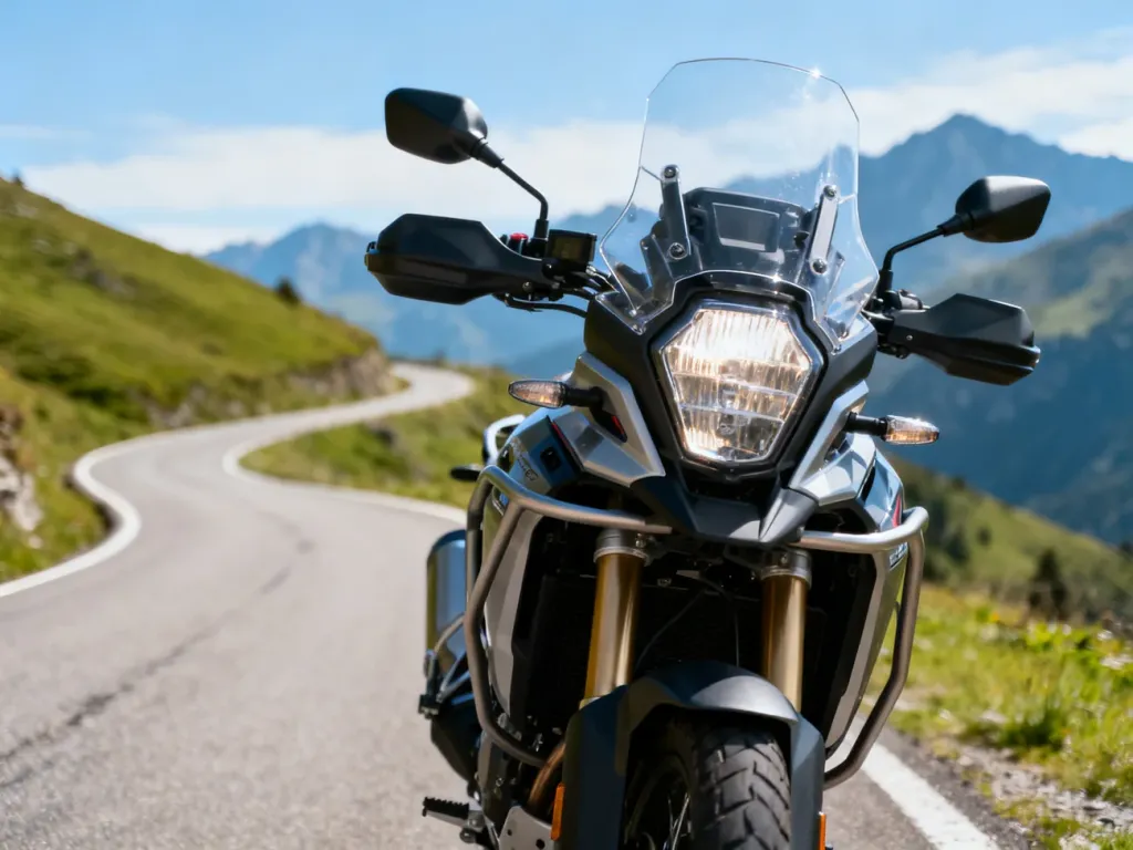 Benelli TRK 702 z przodu na górskiej drodze, podkreślone reflektory i owiewka, w tle kręta szosa i górskie pejzaże