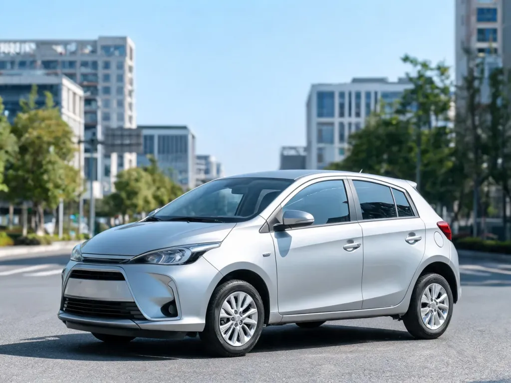 Srebrny miejski hatchback klasy Toyota Yaris IV zaparkowany na ulicy, widok z przodu w słoneczny dzień.