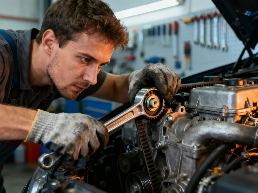 Mechanik w rękawicach roboczych precyzyjnie reguluje metalowy napinacz paska klinowego w silniku samochodowym.