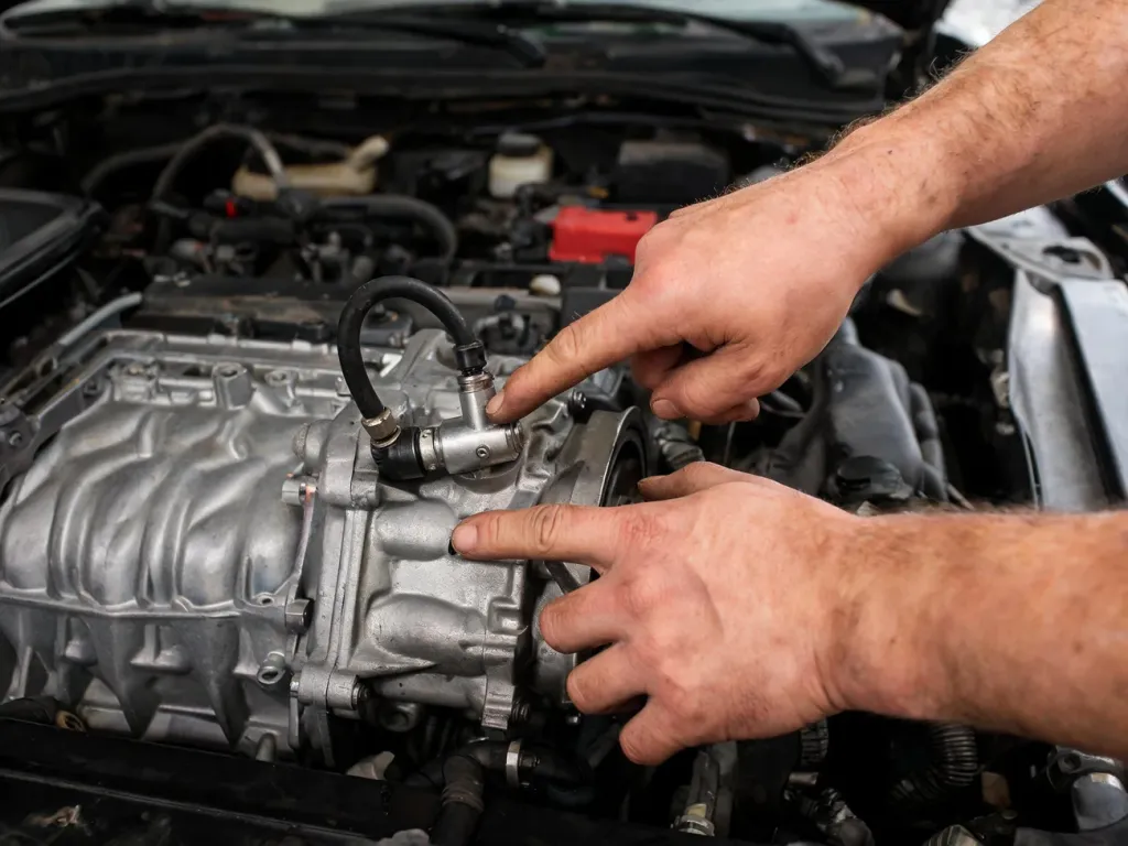 Mechanik pokazuje ręką wysprzęglik przy skrzyni biegów w komorze silnika, wskazując jego dokładne położenie.