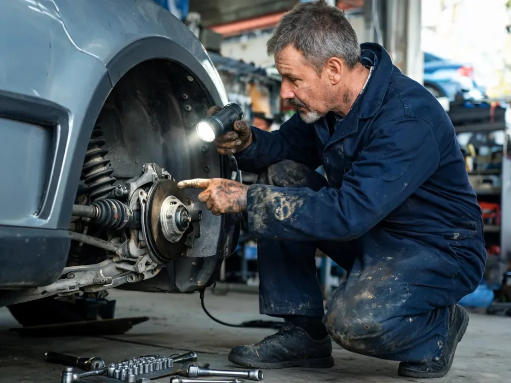 Mechanik samochodowy bada przegub wewnętrzny i półoś przy zdemontowanym kole, z narzędziami rozłożonymi na podłodze.